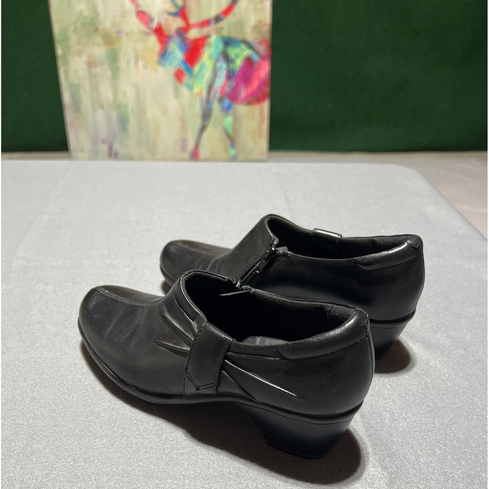 Clarks Black Leather Ankle Booties Side Zip Block Heel Shoes 80078 Womens 6M